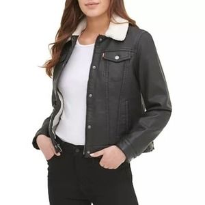 Levi’s Faux Leather Sherpa Lined Trucker Jacket Women's Sz XXL Black Button Zip